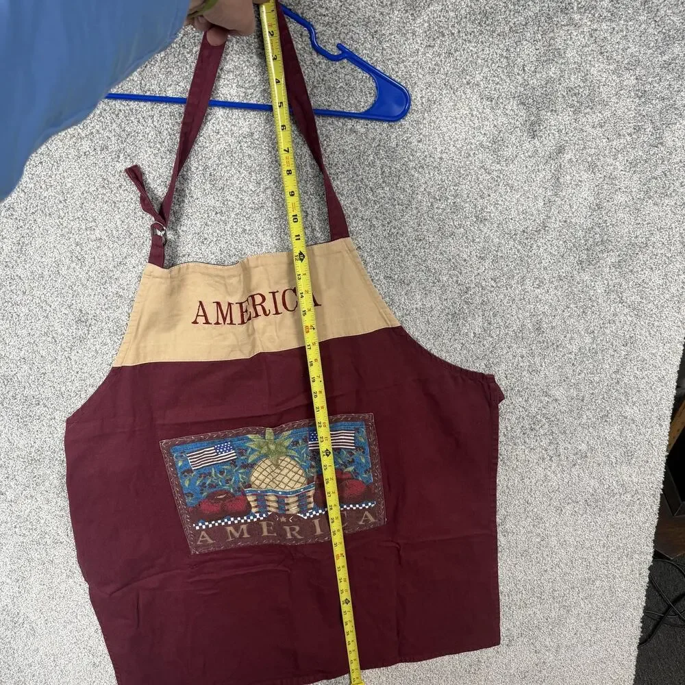 Vtg Y2K Bib Apron One Size Red Tan Americana Country Farmhouse Kitchen Folk Art